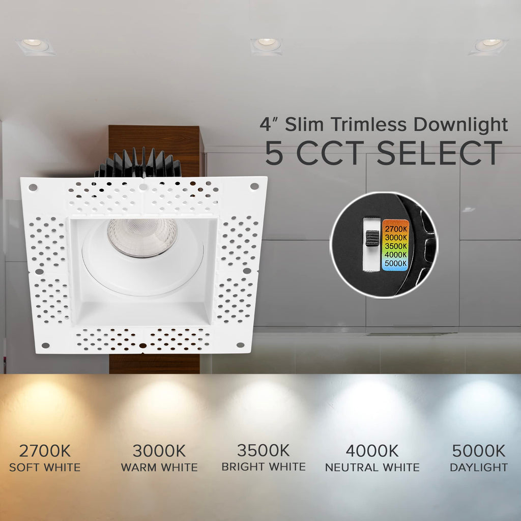 4" White Trimless Anti-Glare LED Square Downlight 1000 Lumens 5CCT