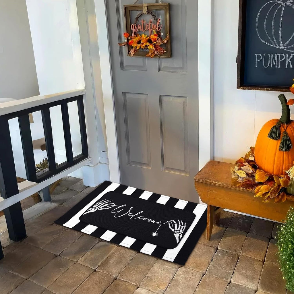 2 Pcs Summer Halloween Door Mats Outdoor Gothic Skull Welcome Front Doormat Linen Rubber Layered Black White Striped