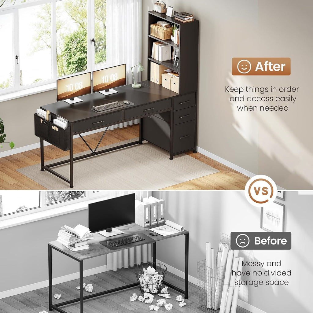 Computer Gaming Desk with 5 Drawers and Bookshelf, Reversible Home Office Desk with Storage Shelves and File Drawer