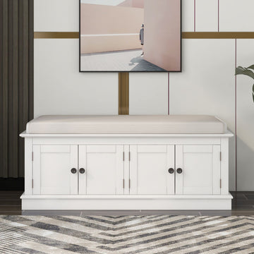 Modern Rustic Wood Shoe Bench with Removable Cushion Multipurpose Window Storage Cabinets Living Room Bedroom White