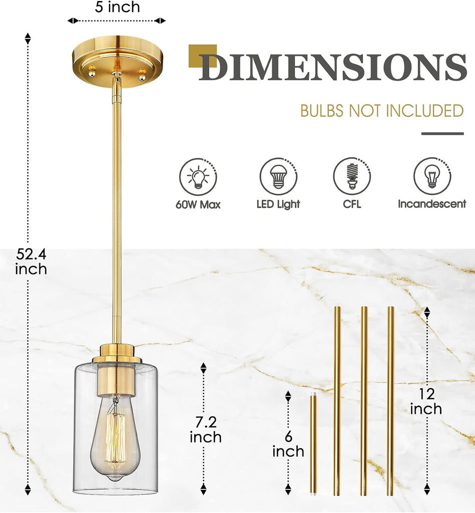 Brass Pendant Lights Kitchen Island 2 Pack, Farmhouse Gold Pendant Lighting with Clear Glass Shade, Mini Hanging