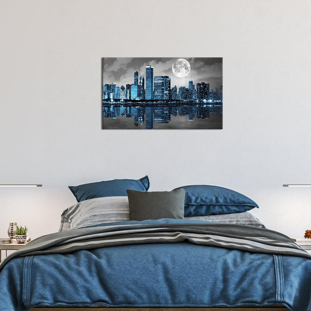 Black White Blue City Wall Art Chicago Pictures Decoration Moon Night Cityscape Skyline Canvas Painting Prints Framed