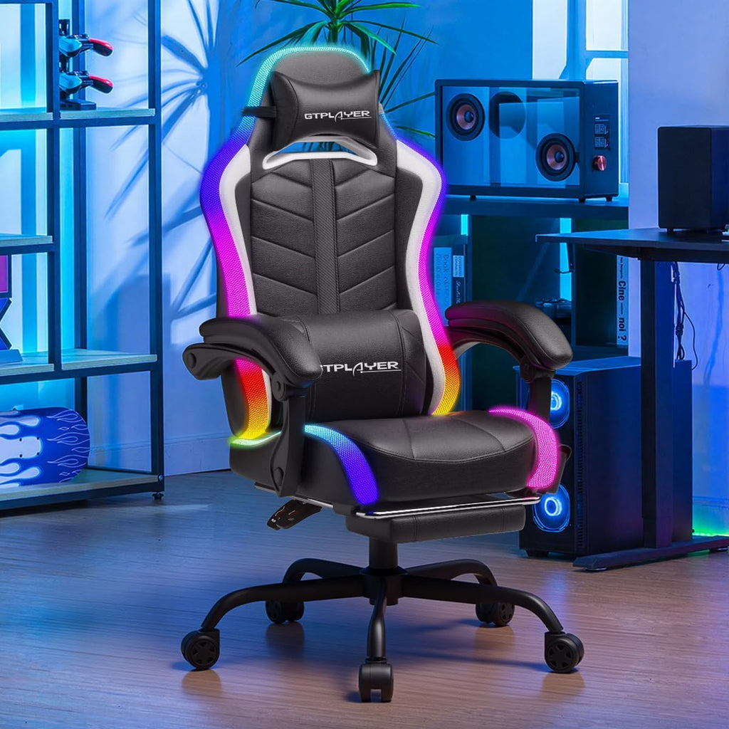 Gaming Chair, Computer Chair with RGB LED Lights, High Back Ergonomic Chair for Adults with Footrest and Linkage