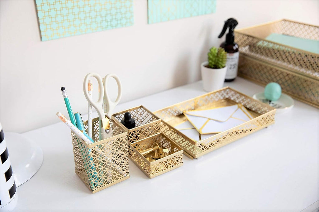 Gold Desk Organizer Set for Women 6 Piece | Mail Sorter Organizer Countertop with Letter Sorter for Desk | Steel