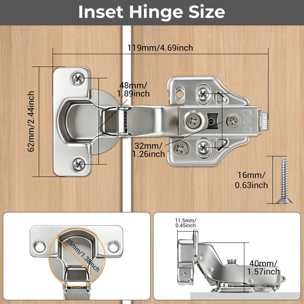 4Pack Inset Soft Close Cabinet Hinges-35mm Concealed Hydraulic Slow Close Hinges 105° 3-Way Adjustable (±2.5mm) for
