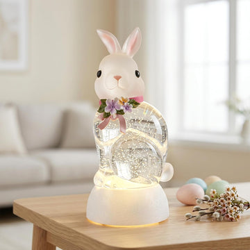 Spring Rabbit Snow Globe Lantern, Rabbit Snowglobe Decor with Swirling Glitter, 6H Timer, USB or Battery Powered