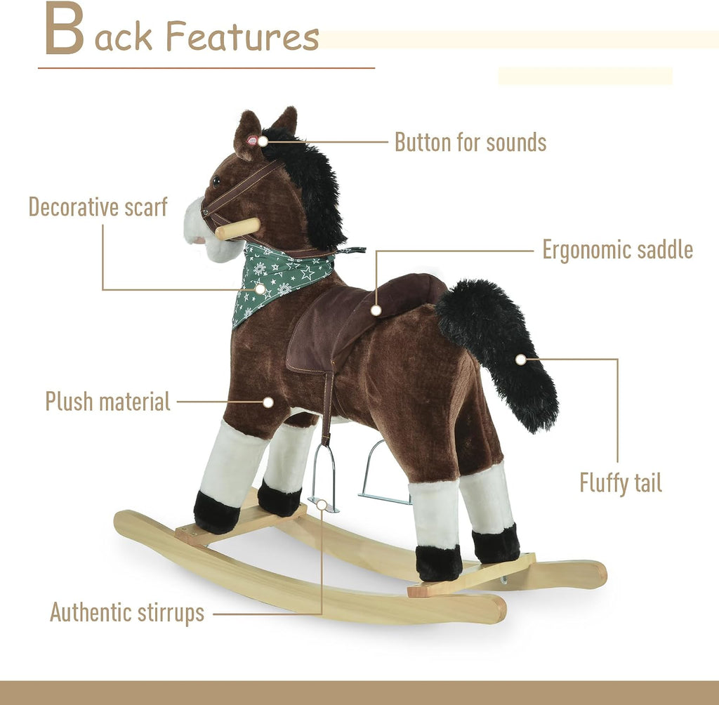Kids Plush Ride-On Rocking Horse Toy with Fun Realistic Sounds Brown