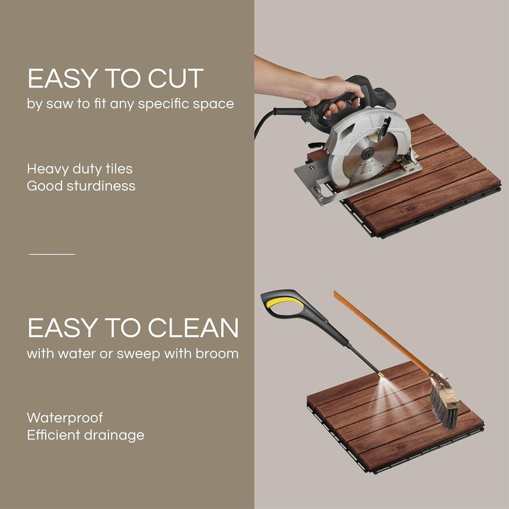 Premium Deck Tiles, Patio Flooring - Set 10 Pcs 12”x12”x0.9” Interlocking Deck Tiles, Waterproof Acacia Wood for