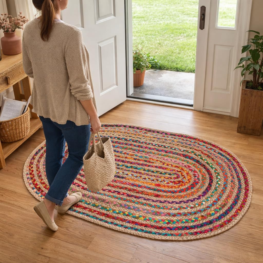 Oval Jute Cotton Chindi Rug 3x5 FT Multicolor Braided Floor Mat