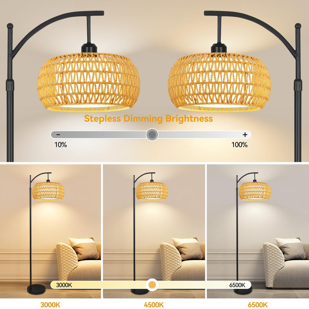 Arc Floor Lamps Rattan Boho Floor Lamp with Remote Control, Dimmable LED Floor Lamps Wicker Lamp Shades Black Standing