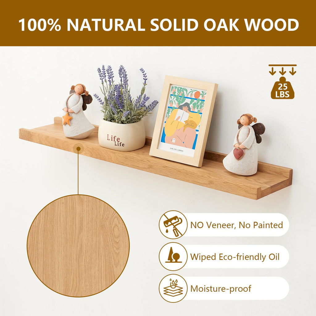 Oak Floating Shelves for Wall 12 Inch (Width 4"), Natural Wood Wall Shelves Display Picture Ledge Shelf Bedroom