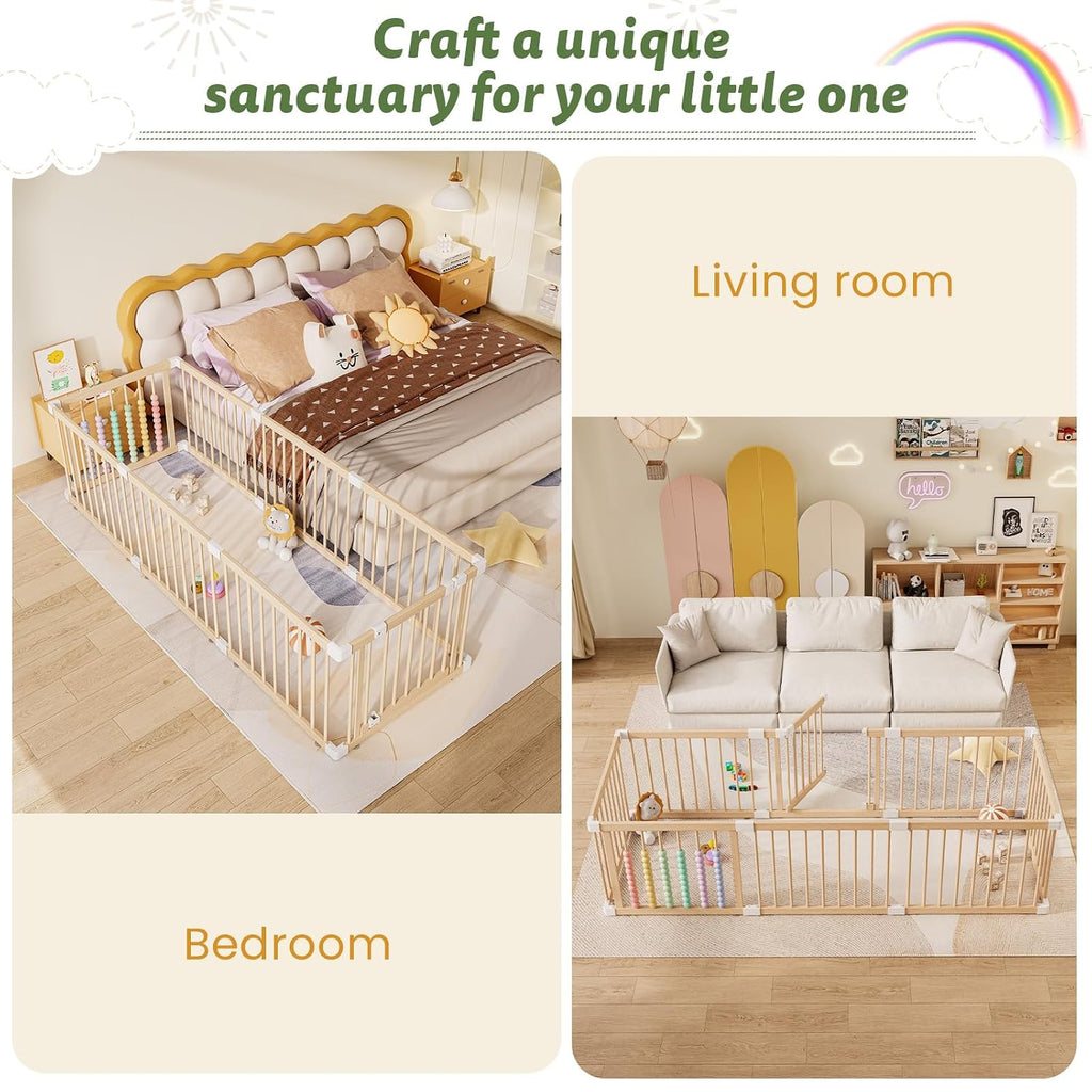 Wooden Baby Playpen, 8 Panels Fence for Babies and Toddlers 63.5"×63.5" | Size Adjustable Baby Play Yard with Locking