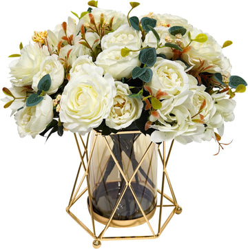 Faux Flowers with Vase, Silk Peony Bouquet Artificial Flowers in Vase, Fake Flowers Floral Arrangement Decor Indoor