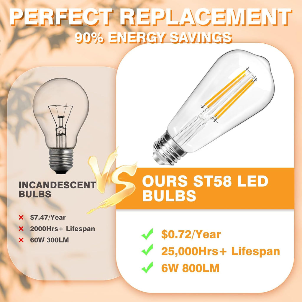 12 Pack LED Light Bulbs Dimmable Vintage Edison Bulb, 800 Lumens E26 LED Bulb 60W Equivalent, Warm White 2700K, ST58