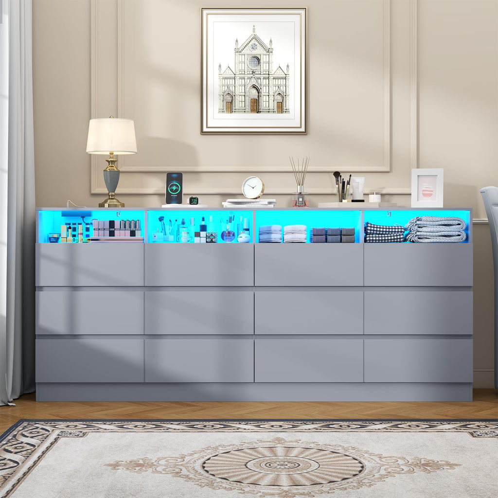 63" 6-Drawer Dresser with Divided Compartments, Power Outlet & LED Lights