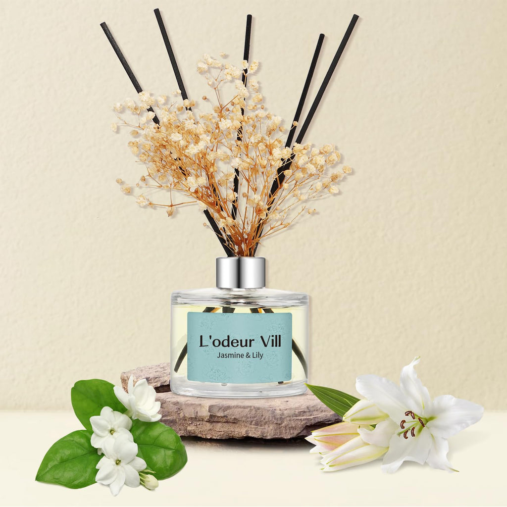 Vill Reed Diffuser Set, 6.7 oz(200ml) Jasmine & Lily Scented Diffuser with 6 Oil Diffuser Sticks, Home Fragrance