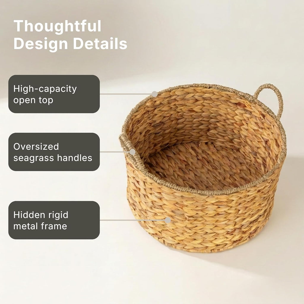 Round Handwoven Water Hyacinth and Seagrass Basket with Handles, Natural