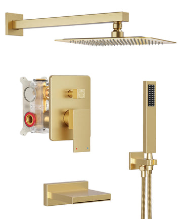 Gold Tub Shower System with 10" Rain Head, Handheld & Valve Kit