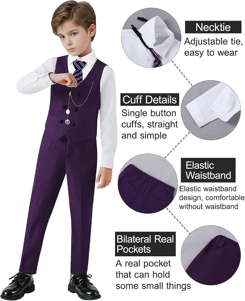 Boys Suit Formal Dress Clothes Big Boy Wedding Outfit Vest+Pants+Dress Shirt+Chain+Adjustable Tie