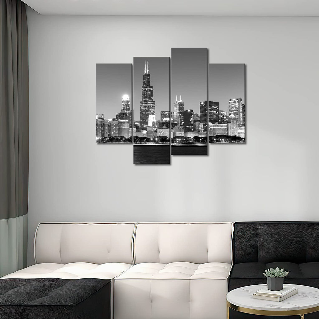Chicago Wall Chicago Skyline at Night in Black and White Picture Cityscape Print On Canvas Giclee Artwork for Wall