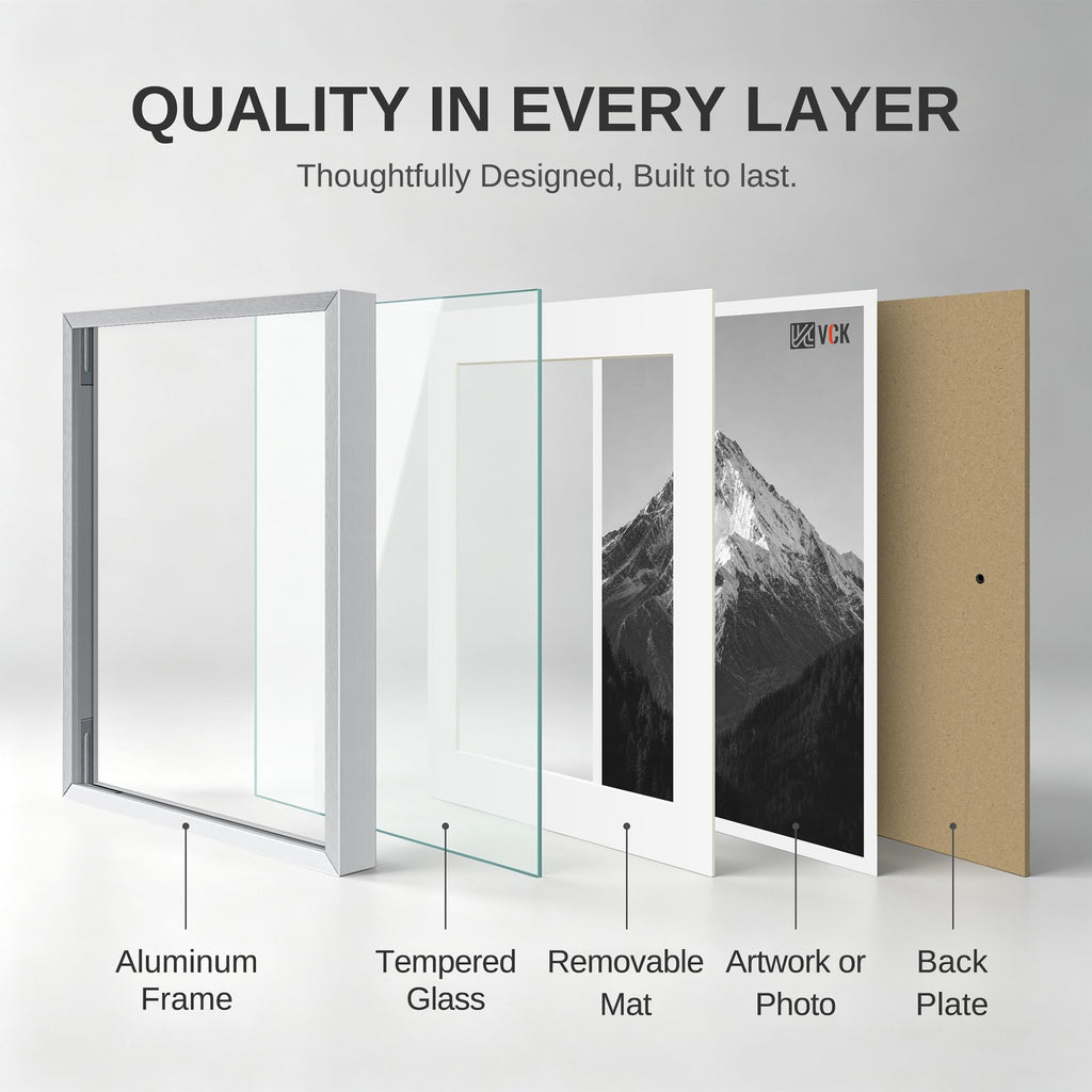 8x10 Picture Frame Silver, Modern Aluminum Metal Frame with Tempered Glass, Display Photo 5x7 with Mat or 8 by 10