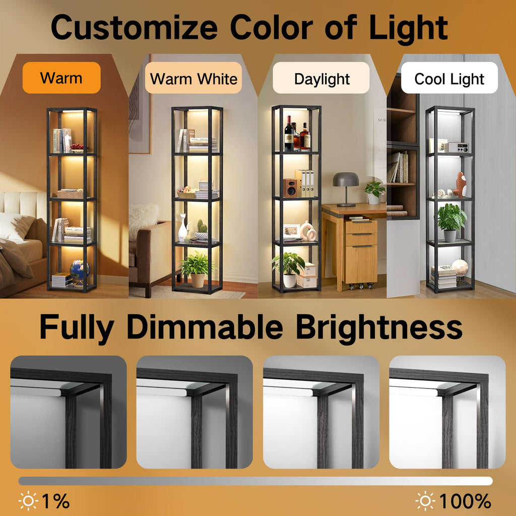 67" Glass Display Shelf with Dimmable LED Floor Lamp, Collectibles Display Cabinet with Remote & App Control, 5 Tier