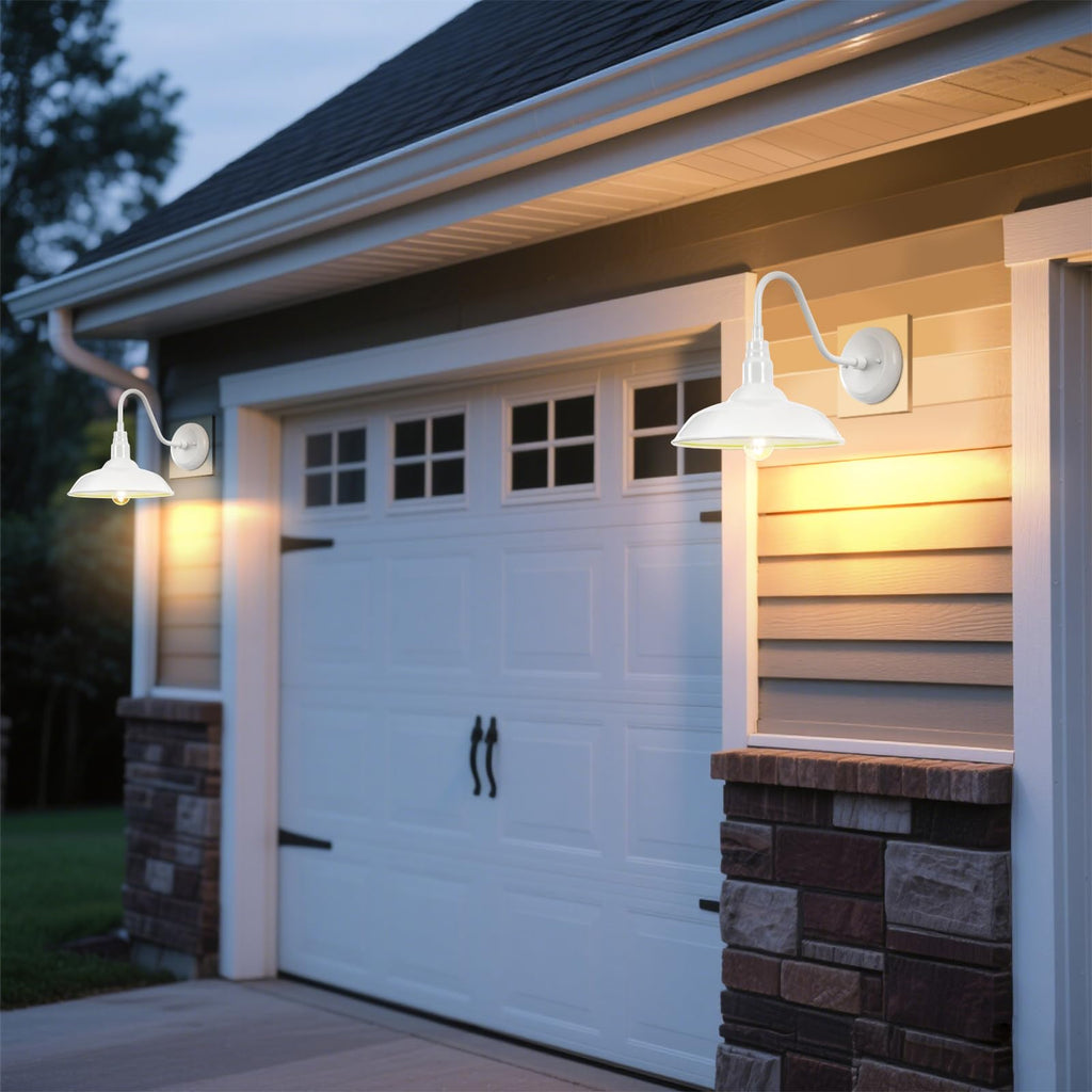 Outdoor Gooseneck Barn Light Fixture with Wall Mount, 10'' Diameter White Exterior Waterproof Wall Lantern for Porch
