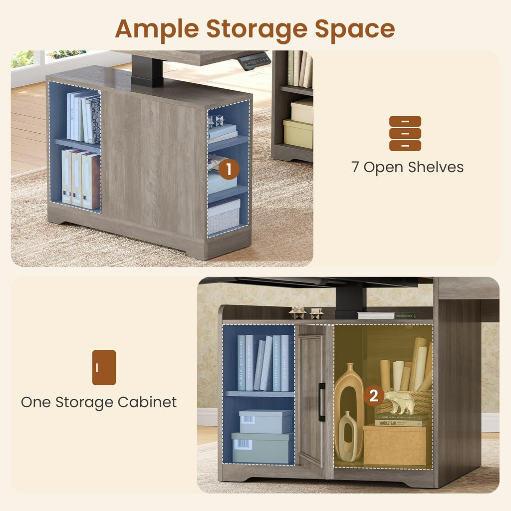 Farmhouse L Shaped Standing Desk with Storage, Grey