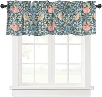 William Morris Kitchen Valance, Vintage Birds Pink Tulip Flowers Blue Leaves Bohemian Rod Pocket Blackout Window