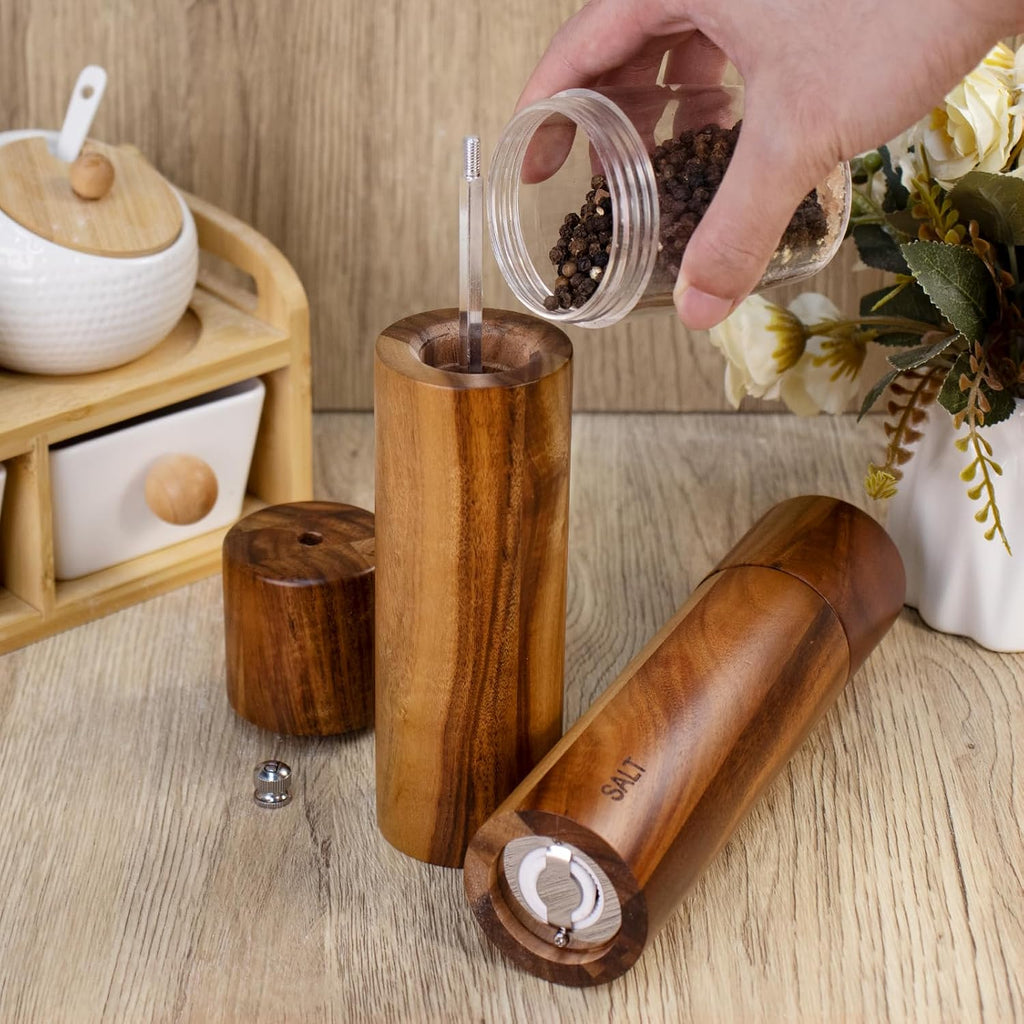 Acacia Wooden Salt and Pepper Grinder Set 8 Inches Refillable - Set of 2