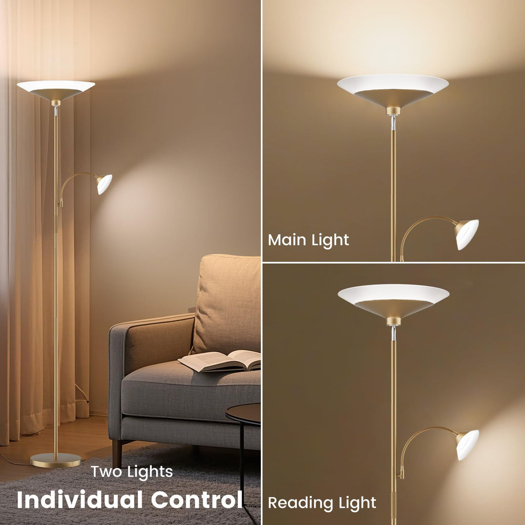 Gold Torchiere Floor Lamp - 2 Way LED Standing Lamp with Reading Light, Dimmable 72'' Tall Lamp with Remote Color