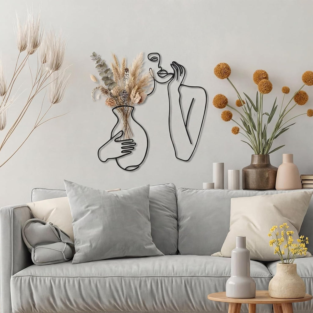 Black Metal Wall Decor, Abstract Woman Wall Art, Minimalist Line Vase Decor, Modern Aesthetic Metal Women Art Bedroom