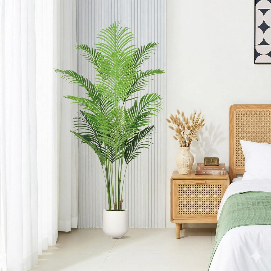 Artificial Palm Tree 6FT with White Planter, Realistic Faux Tropical Plant with Lifelike Green Leaves, Indoor