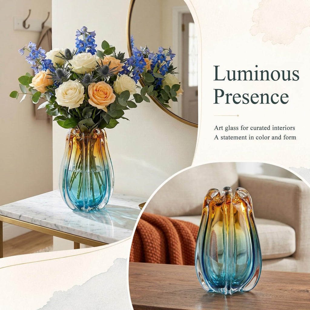 Hand Blown Glass Vase for Flowers, 9.45" Unique Murano Style Art Glass Vase, Fluted Teal Amber Ombre Decorative Vases