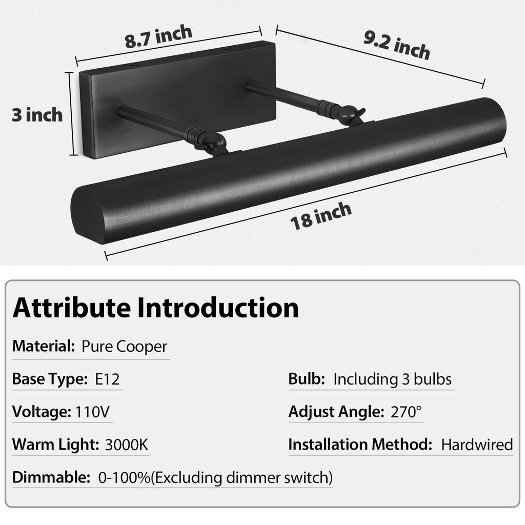 18'' Bronze Picture Light Hardwired, 3-Light Dimmable Art Light for Wall Paintings 2700K, 270° Rotatable Gallery