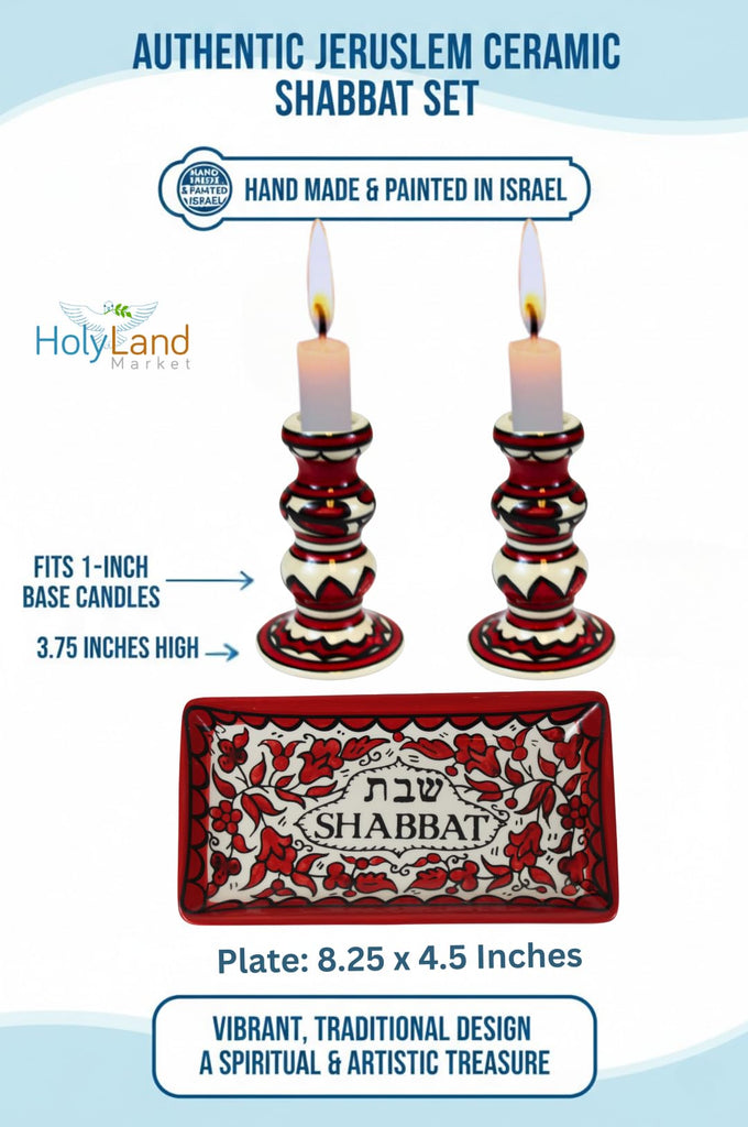 Shabbat Candlesticks Set Ceramic Red Candle Holders