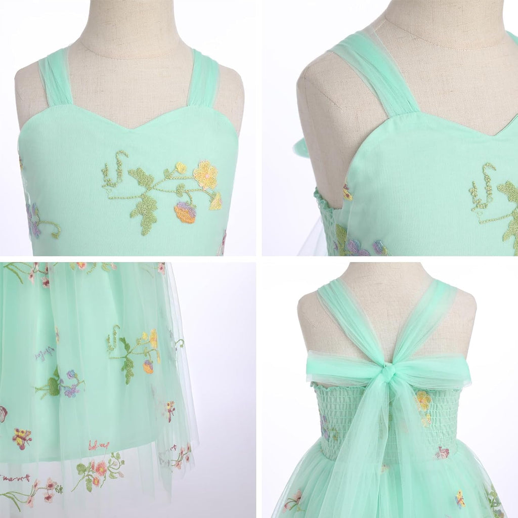 Floral Embroidered Tulle Dress Girls Sleeveless Spaghetti Straps Formal Birthday Wedding Pageant Party Tulle Dresses
