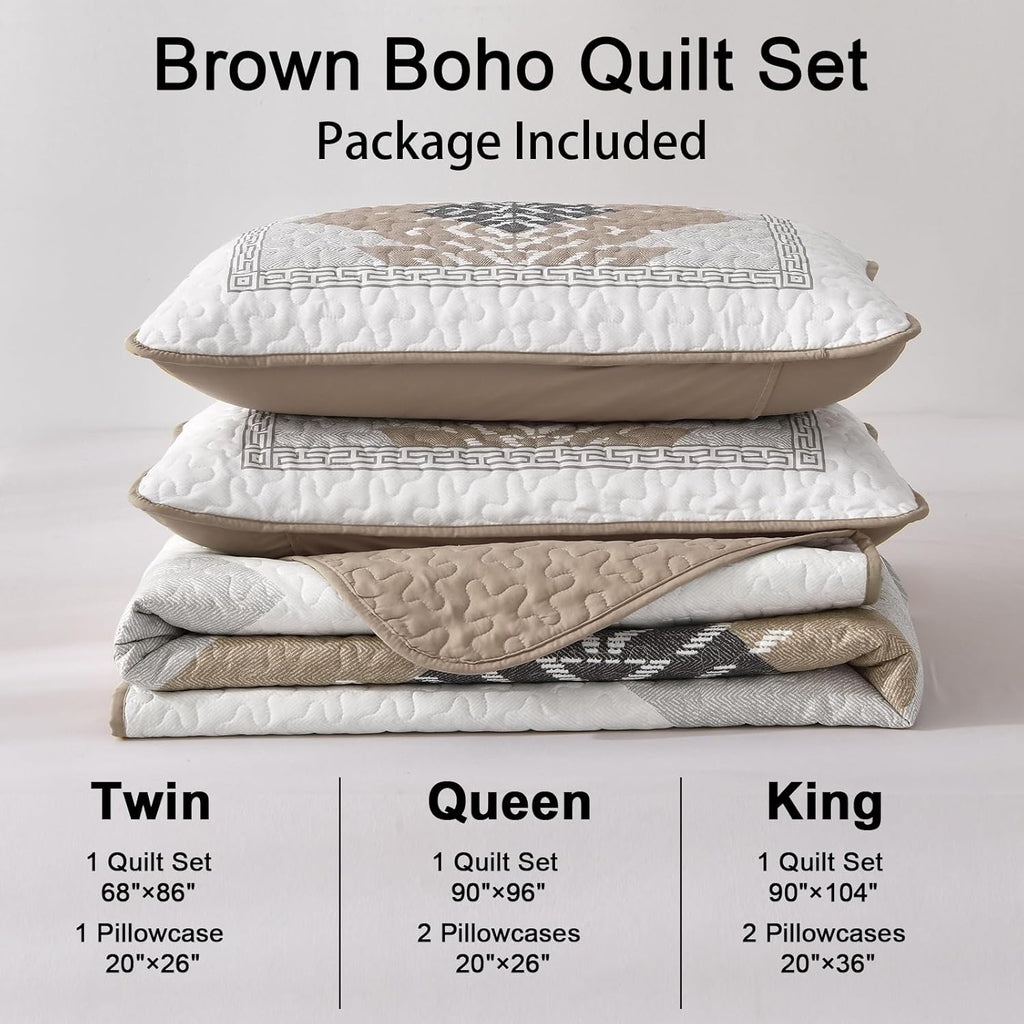 Brown Boho Quilt Set Queen,3 Pieces Aztec Texture Quilt with 2 Pillowcases,Bohemian Geometric Bedspread Bedding Set