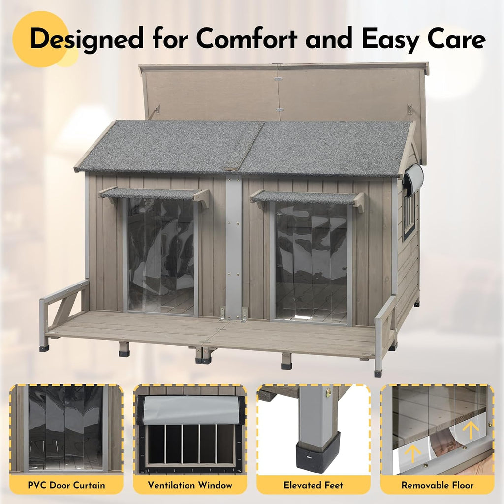 59''L Extra Large Dog House with 2 Doors, Wooden XL Dog House Outdoor Weatherproof with Chew-Proof Iron Frame