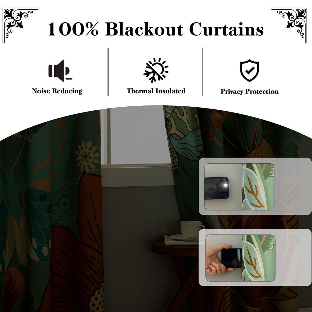Sage Green Floral Butterfly Blackout Curtains, 52W x 63L, 2 Panels