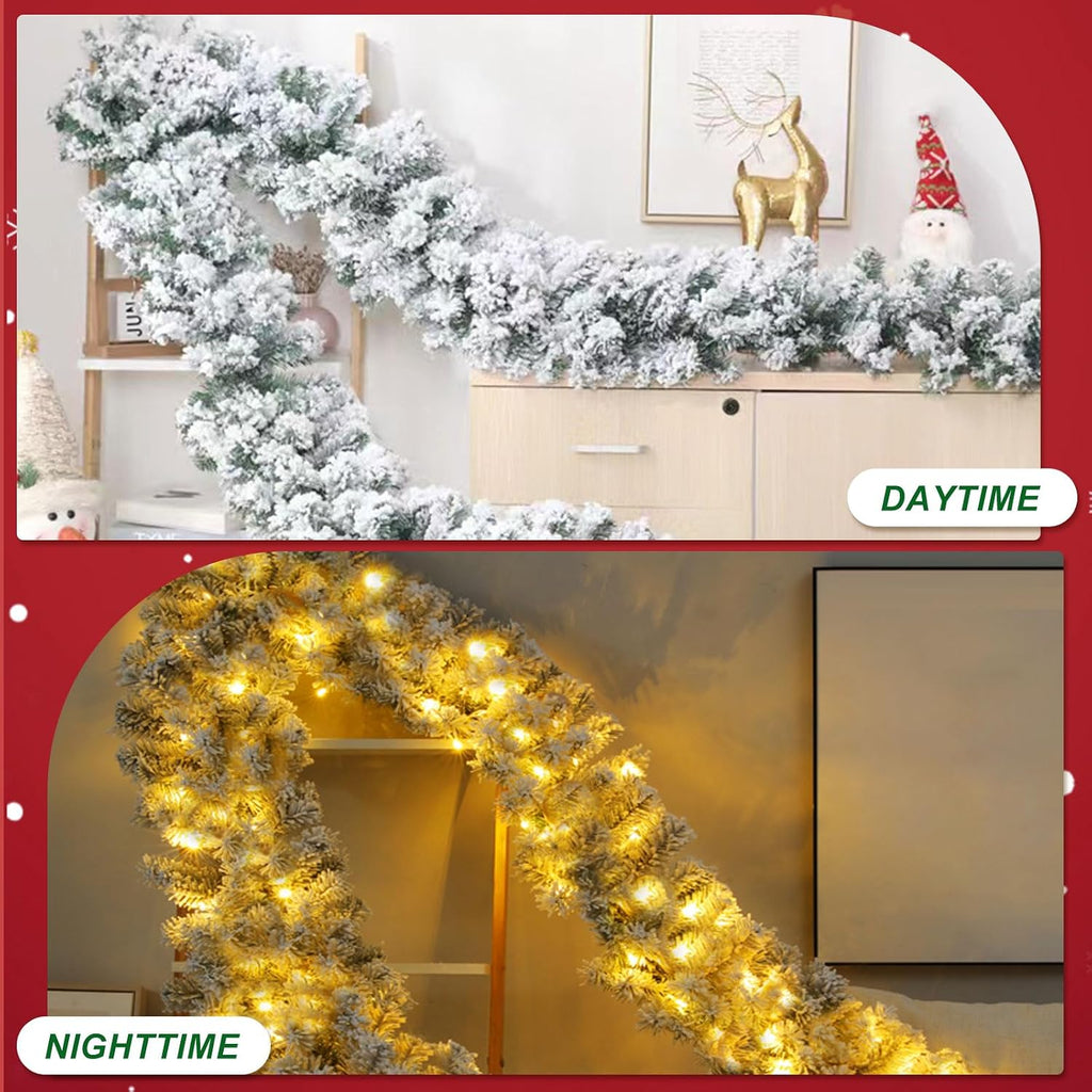 Flocked Christmas Garland with Lights,9FT Pre-Lit White Snow Garlands with 240 PVC Tips,Frosted Garland