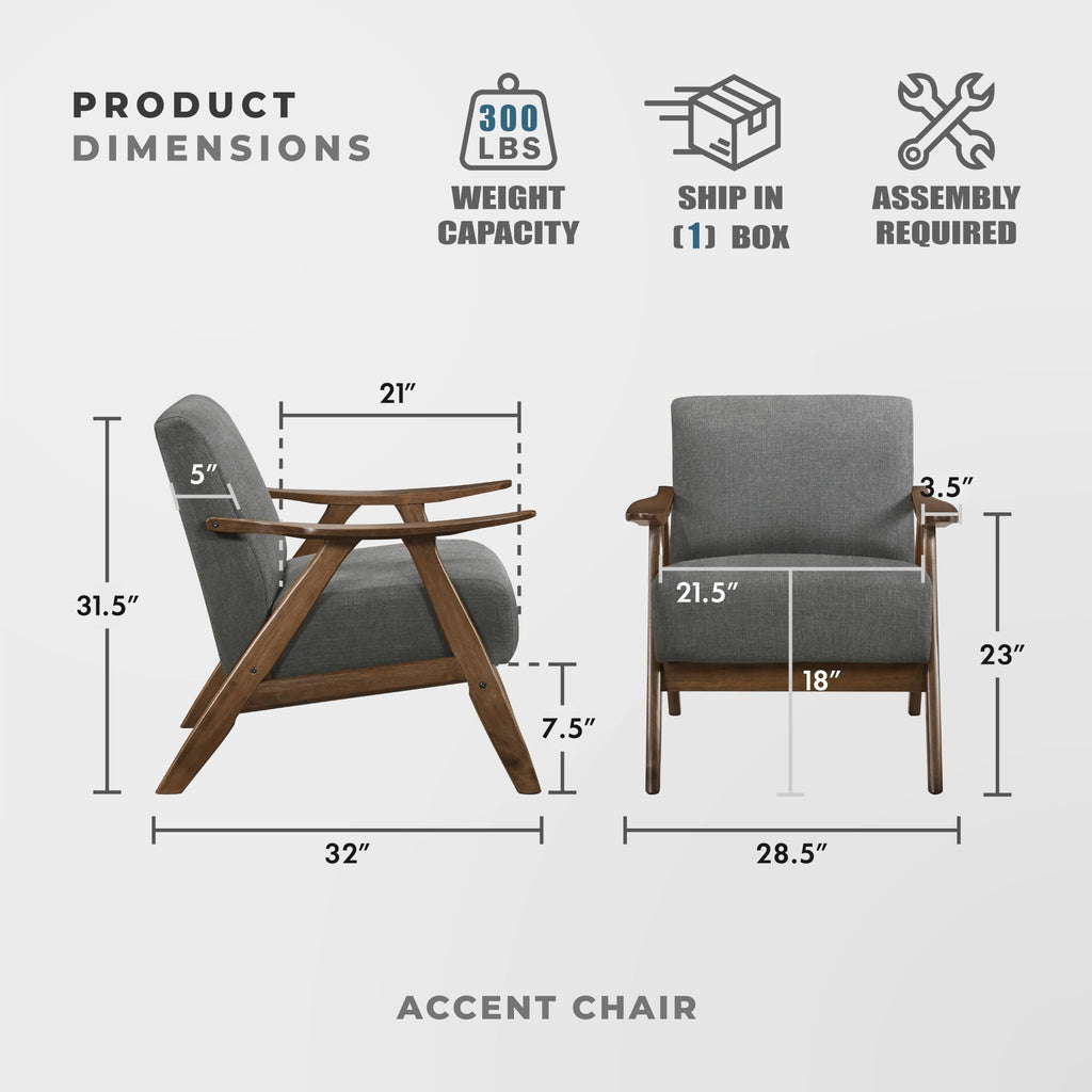 Mid Century Modern Accent Chair with Walnut Wood Frame, Gray