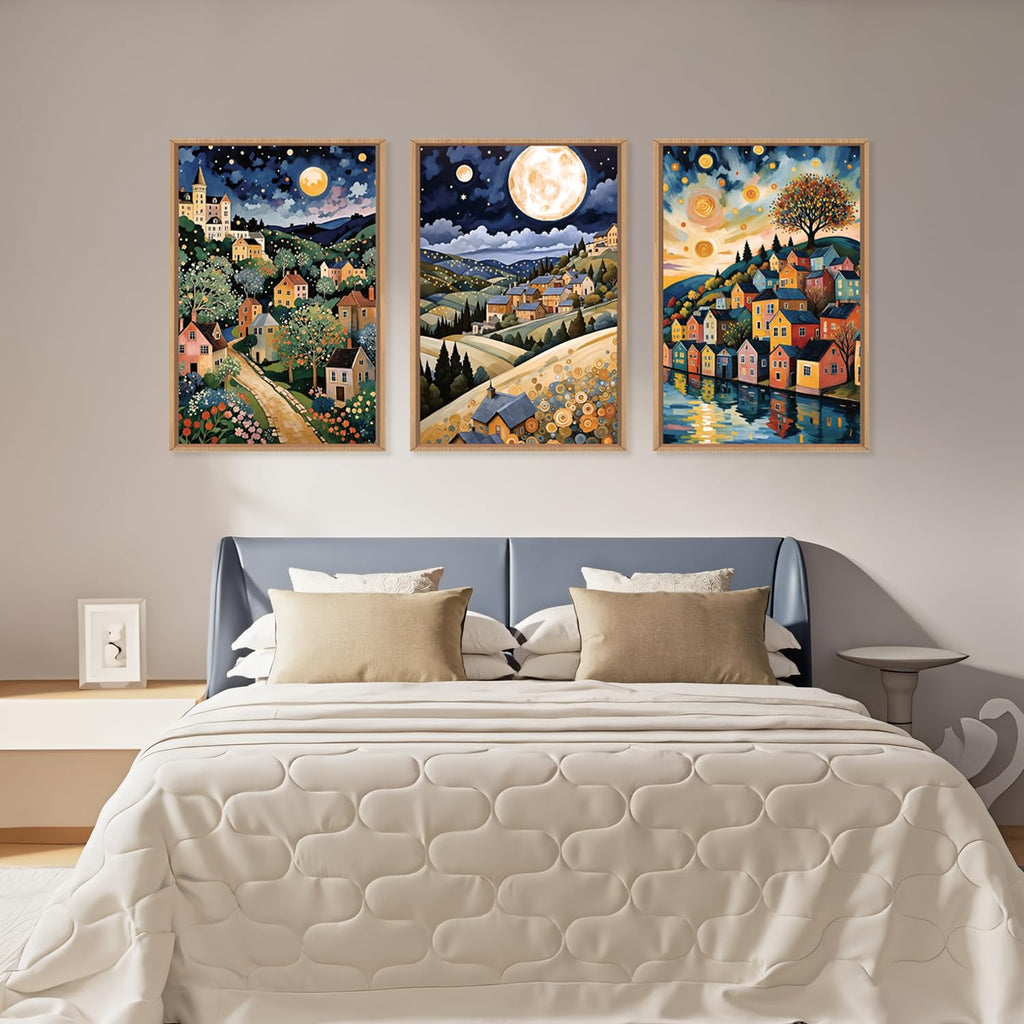 Large Abstract Colorful Framed Canvas Wall Art, Retro Night Village Wall Decor, Natural Moon Stars Wall Painting, Gustav