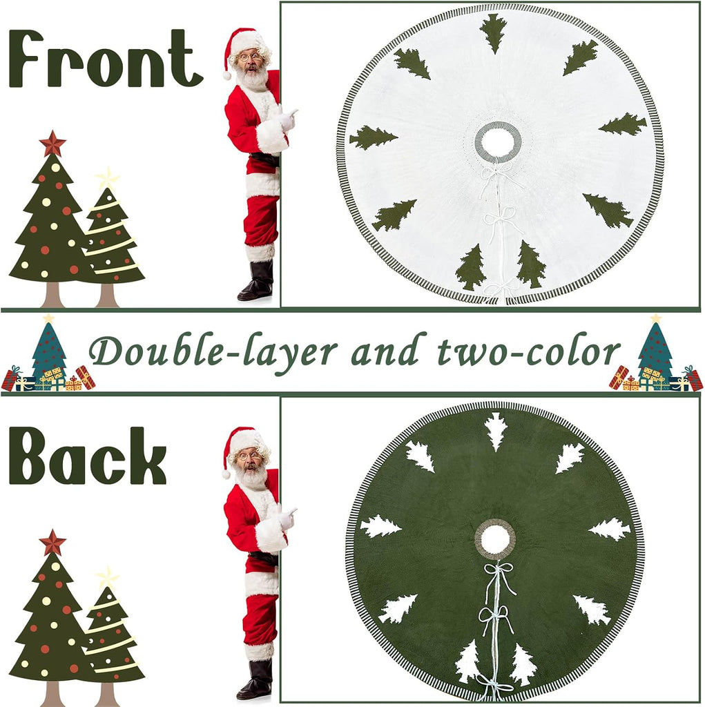 72 Inch Christmas Tree Skirt, Double-Sided Green and White Knit Tree Skirt with Xmas Tree Patterns Large Tree Skirt
