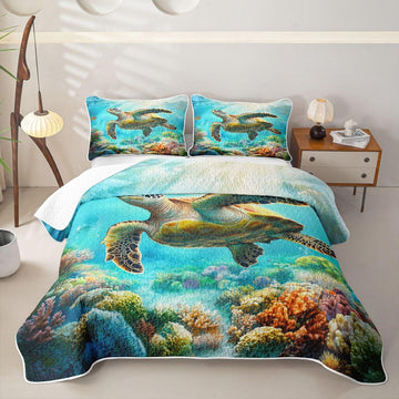 Sea Turtle Quilt Set Ocean Coastal Quilted Bedspread Lightweight Coverlet Set Reptile Tortoise Bedding Set with