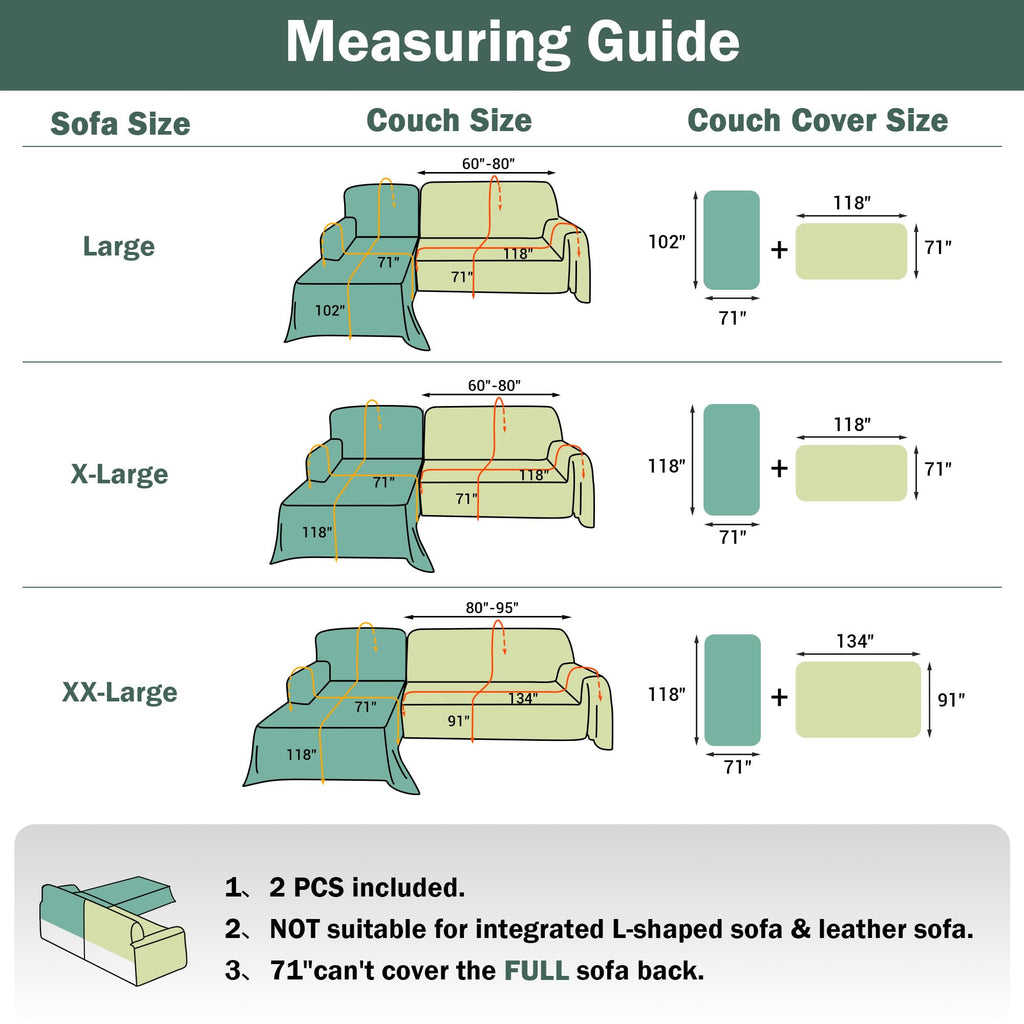 L-Shaped Sofa Slipcover - 2 Piece Set for Sectionals, Chenille Couch Cover for 2-3 Cushion Couches, Machine Washable