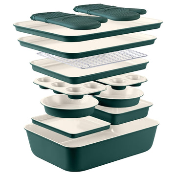 Nonstick Stackable Bakeware Set - Deluxe Heavy Duty, Durable, Easy Release Baking Set, Sage, 13 Pcs