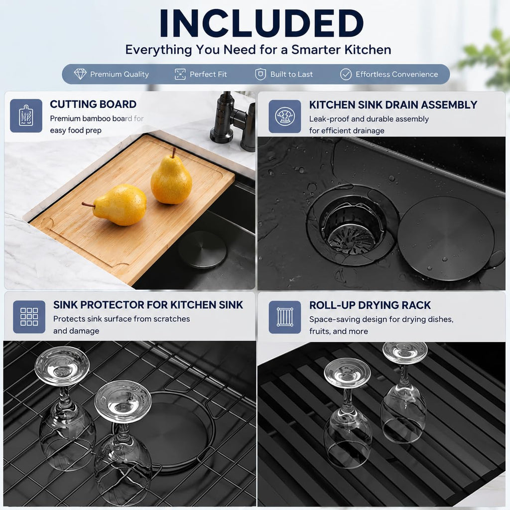 28 Inch Black Undermount, 16 Gauge Workstation Sink