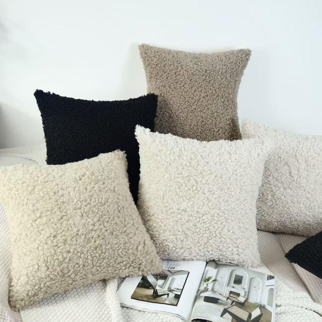 Light Beige Faux Fur Decorative Pillow Covers 20x20 Soft Fluffy Sherpa Boucle Throw Pillows Teddy Bear Textured