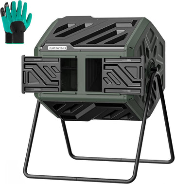 THE Growing 43 Gal Outdoor Compost Bin Tumbler for Backyard Garden, Green | Twin 21.5gal chambers match garden lawns.